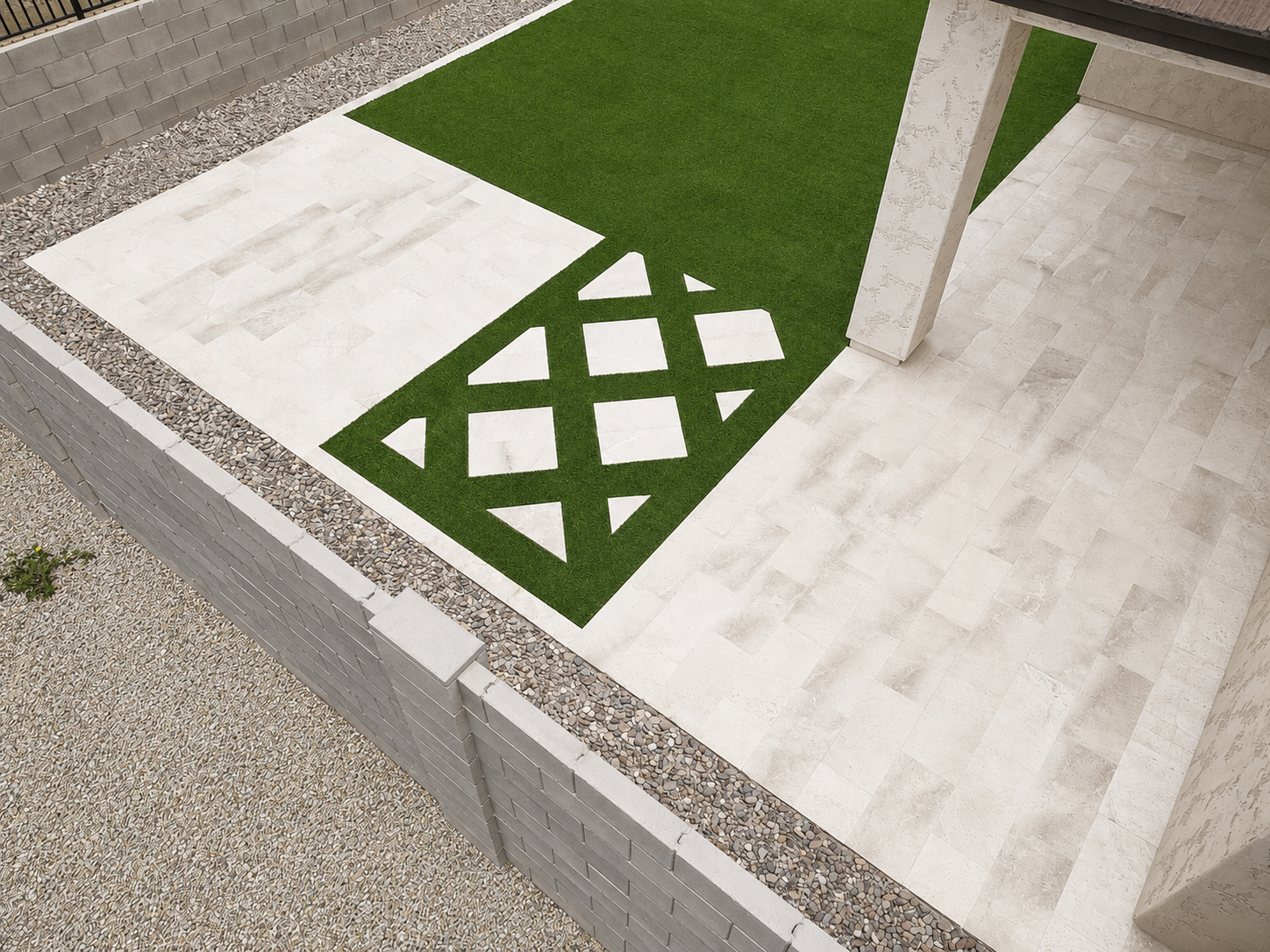 Custom limestone paver inlay set into artificial turf for a luxury Arizona backyard