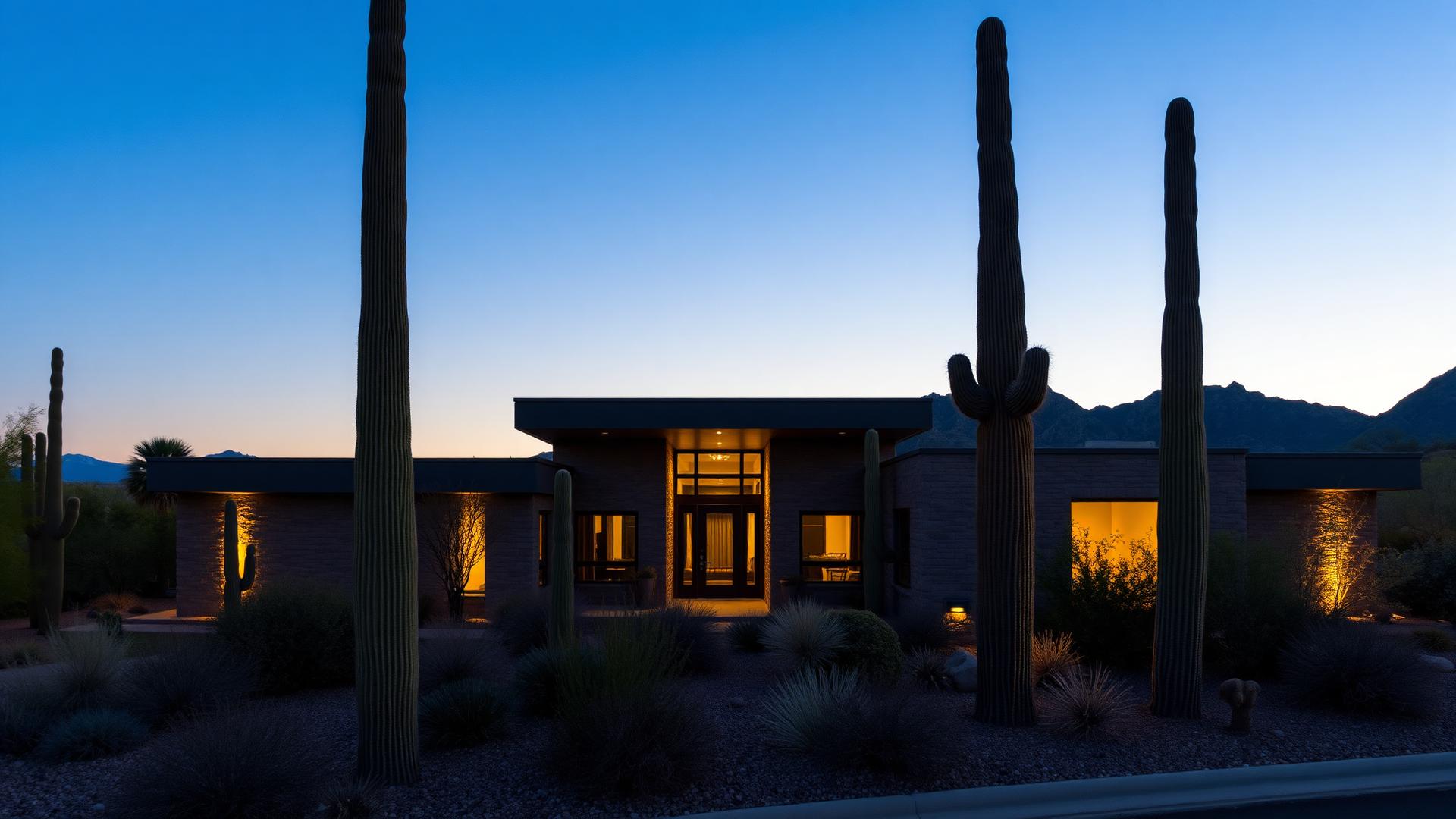 Modern desert home at dusk