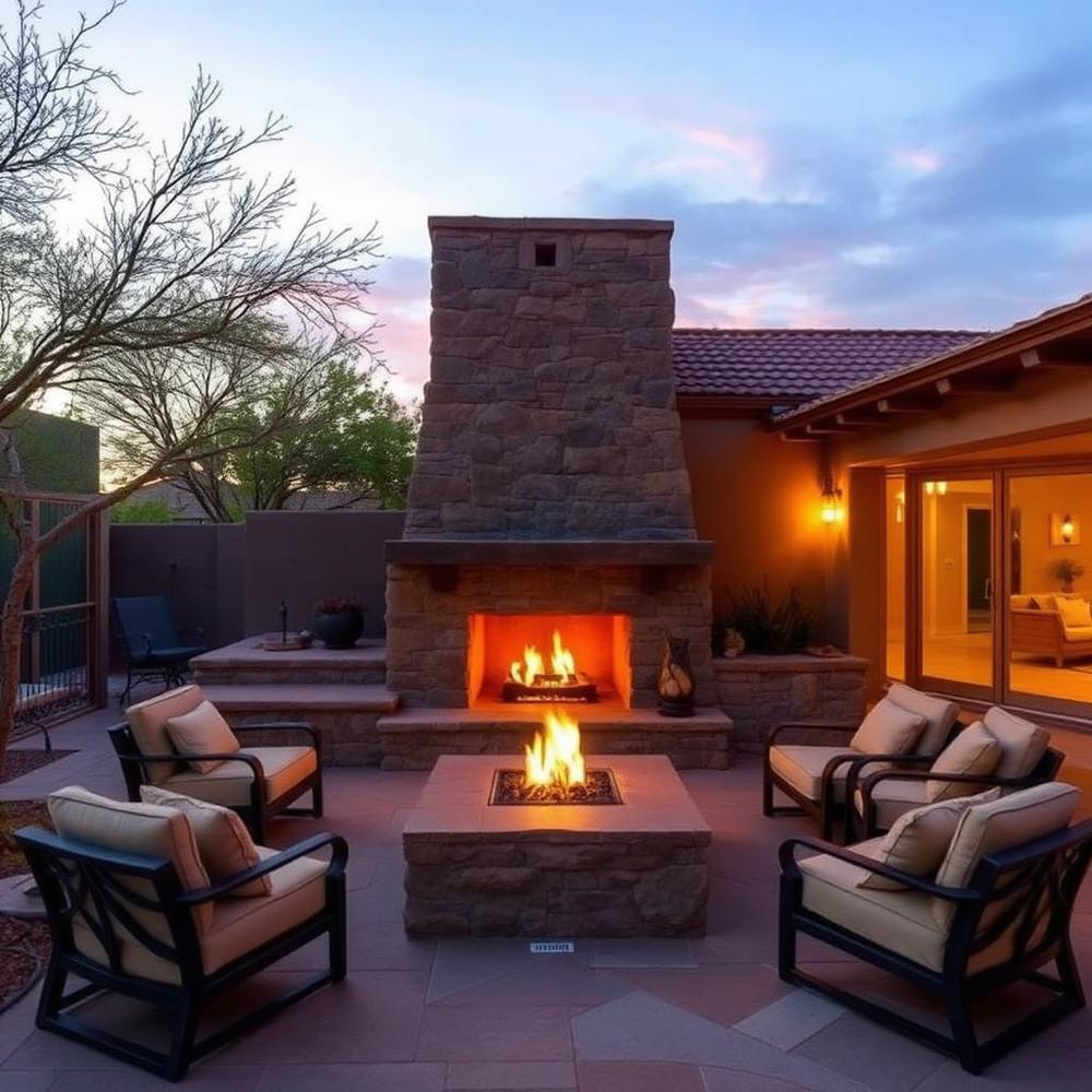 Modern stone fireplace outdoor lounge