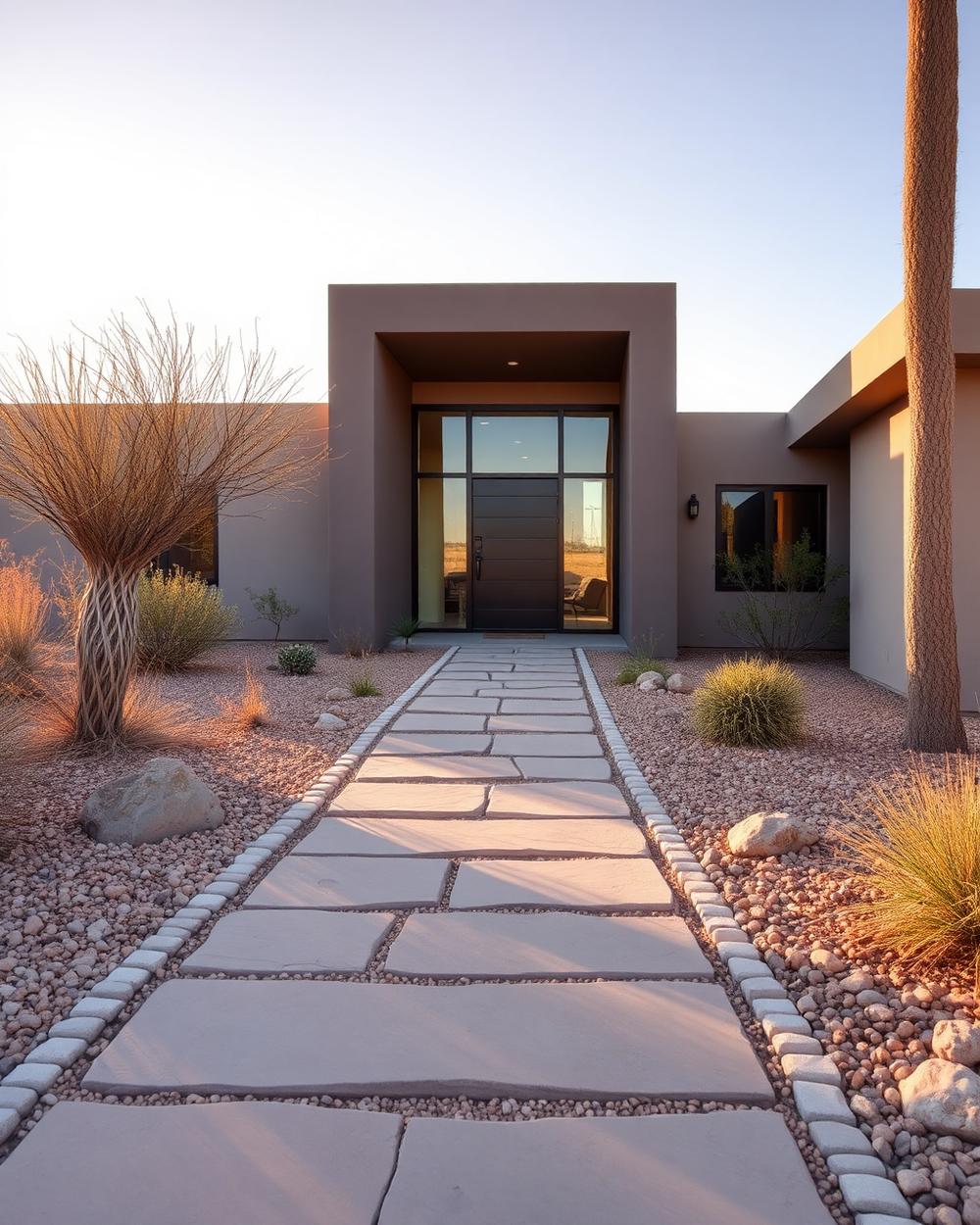 Stone walkway to a modern desert home