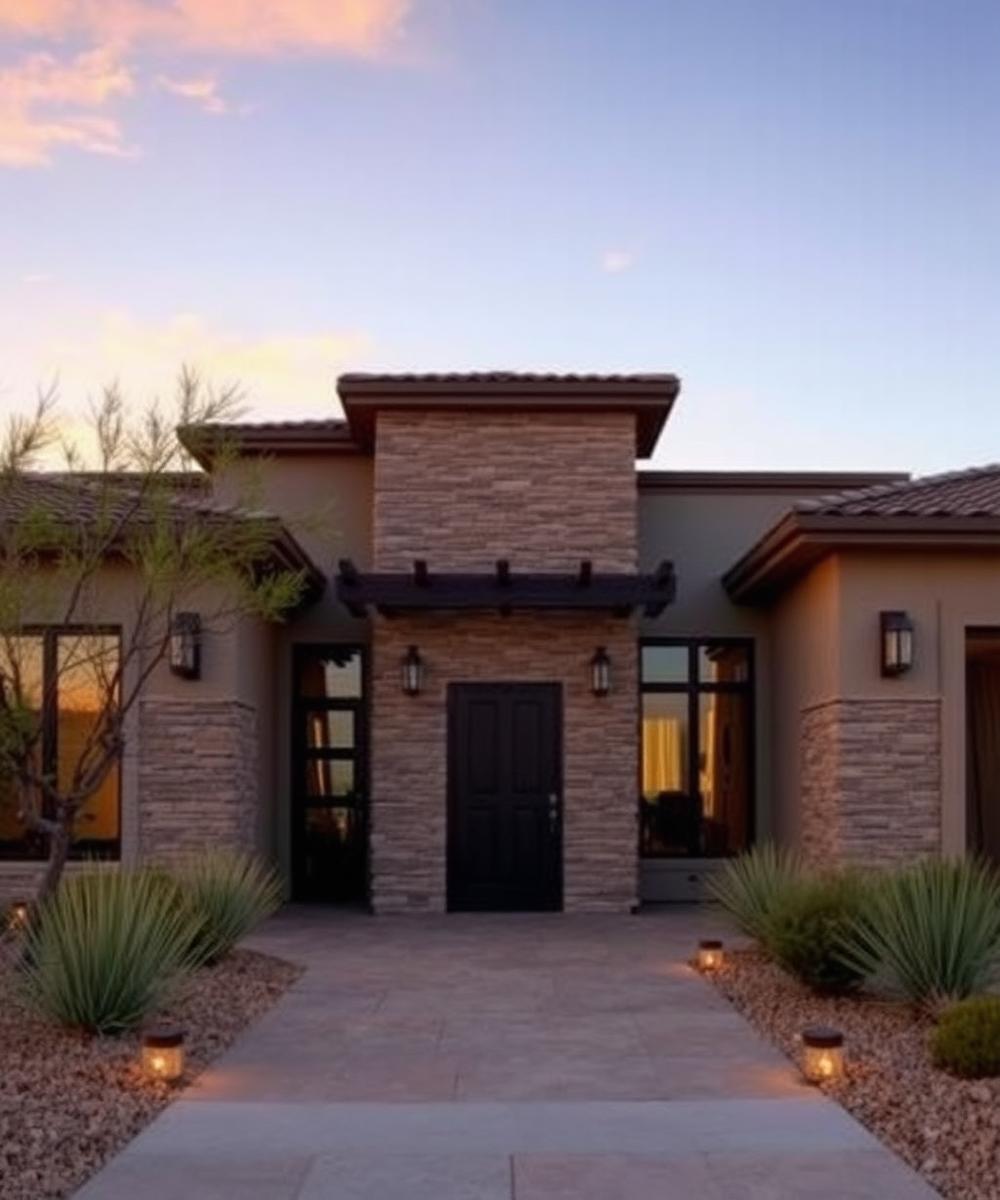 Modern home facade with stone cladding