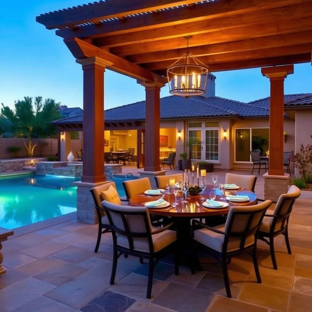 Elegant outdoor dining beside pool