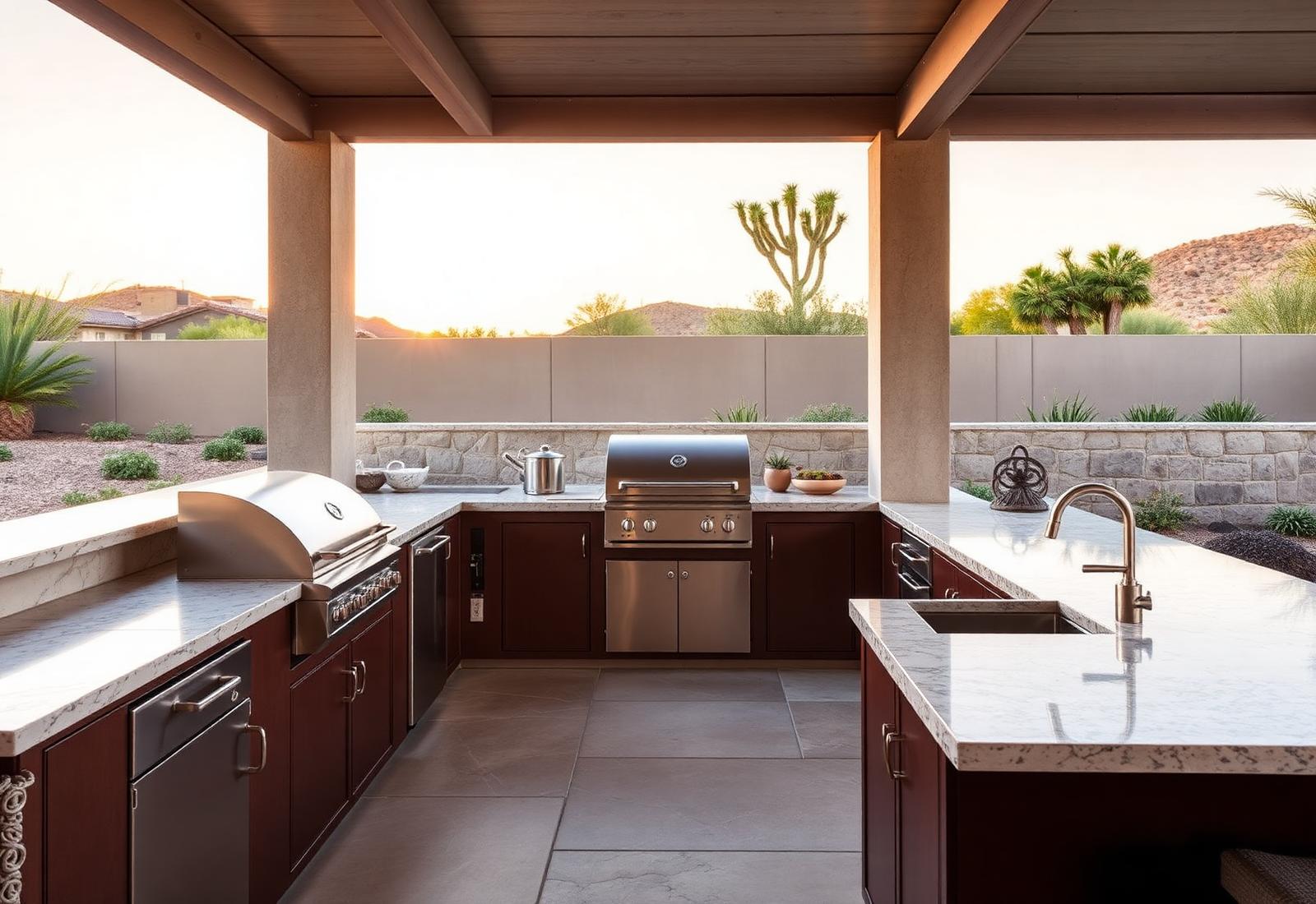 Outdoor kitchen with limestone countertops